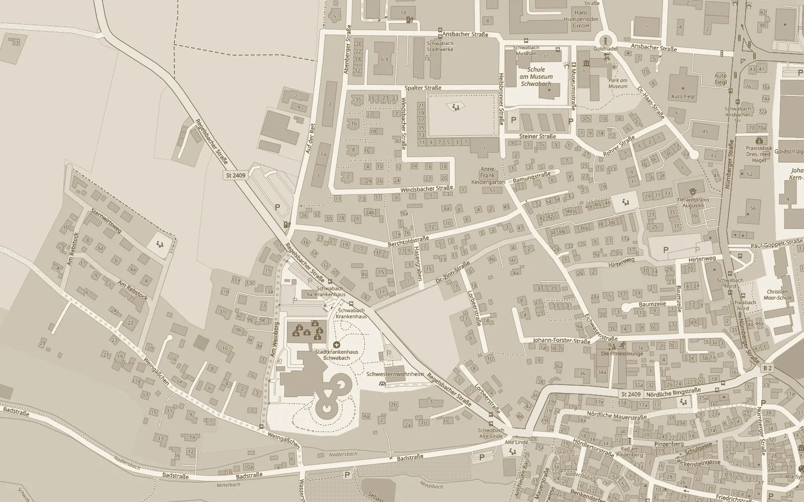 Kartenausschnitt von Schwabach mit der Berchtoldstraße in der Mitte